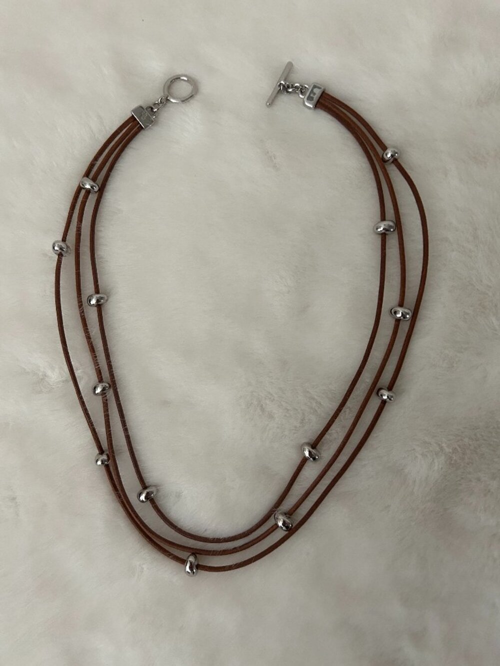 Ralph Lauren Multi-Strand Brown Leather Necklace With Silver Beads